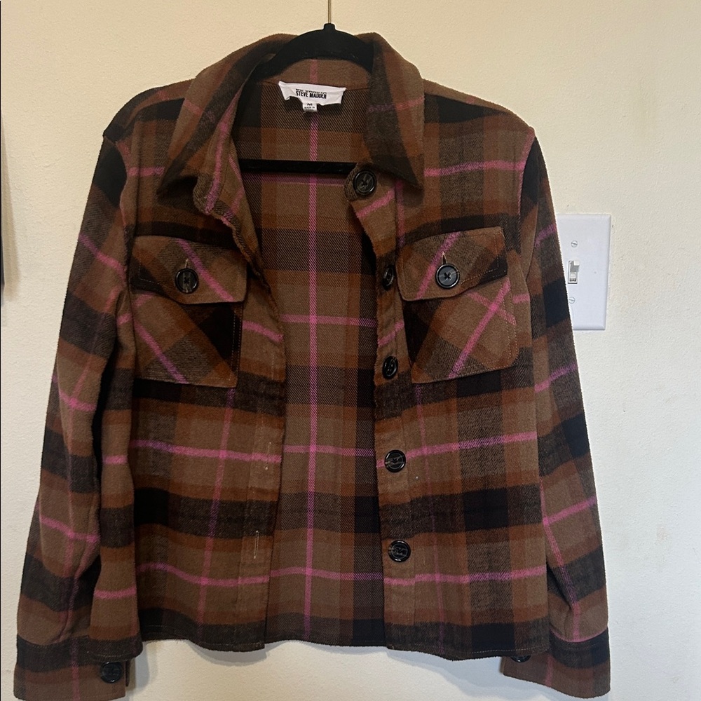 BB Dakota by Steve Madden Brown and Pink Plaid Utility Jacket